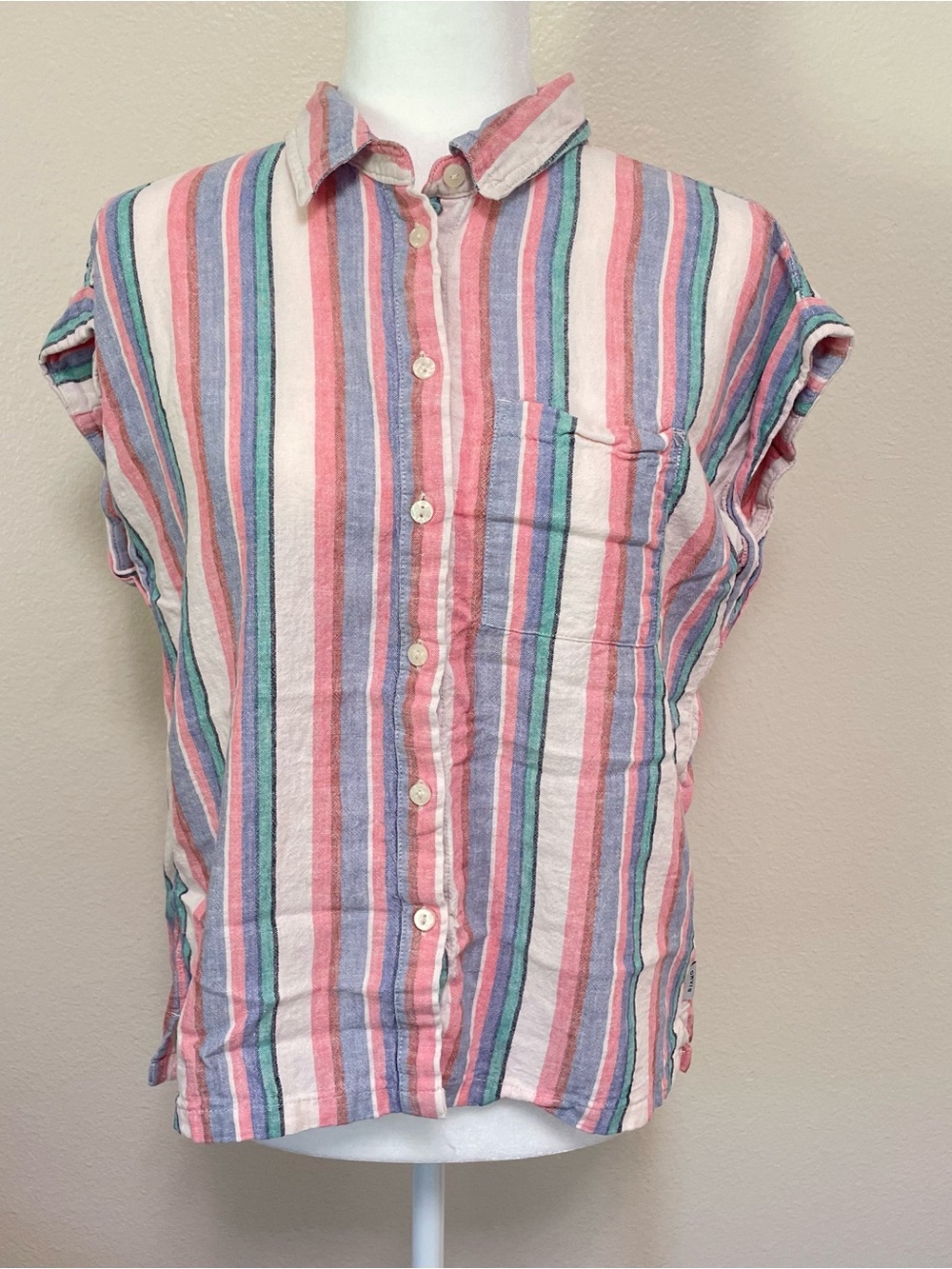 Orvis Linen Rayon Stripe Short Sleeve Shirt Top Button Up Multicolor Preppy